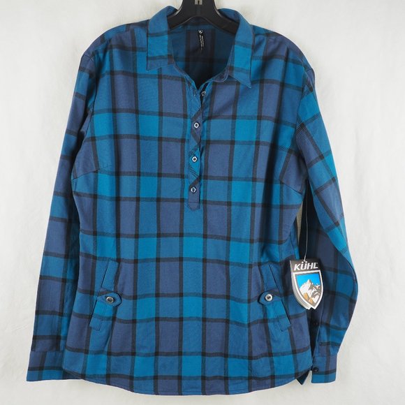 Kuhl Women's Kinsley Flannel Shirt Plaid Cotton Blend Stretch Marine Blue Large - Picture 1 of 10